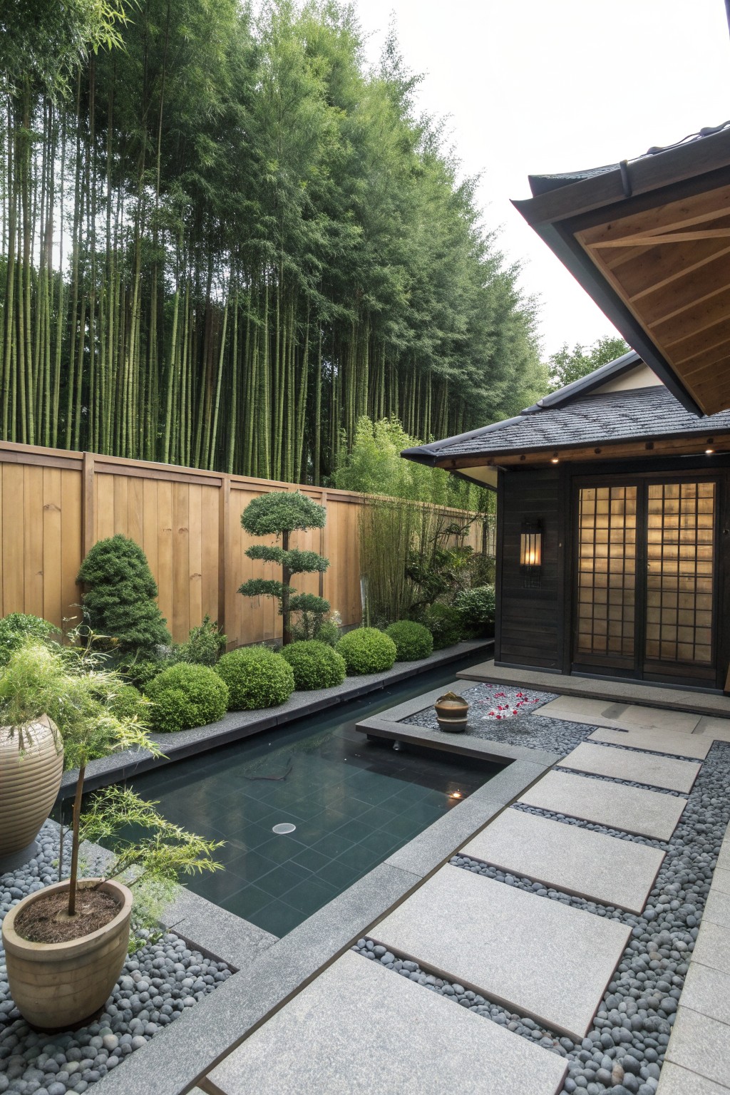 Japanese zen garden with rectangular pond, bamboo grove, stone path, and wooden house.