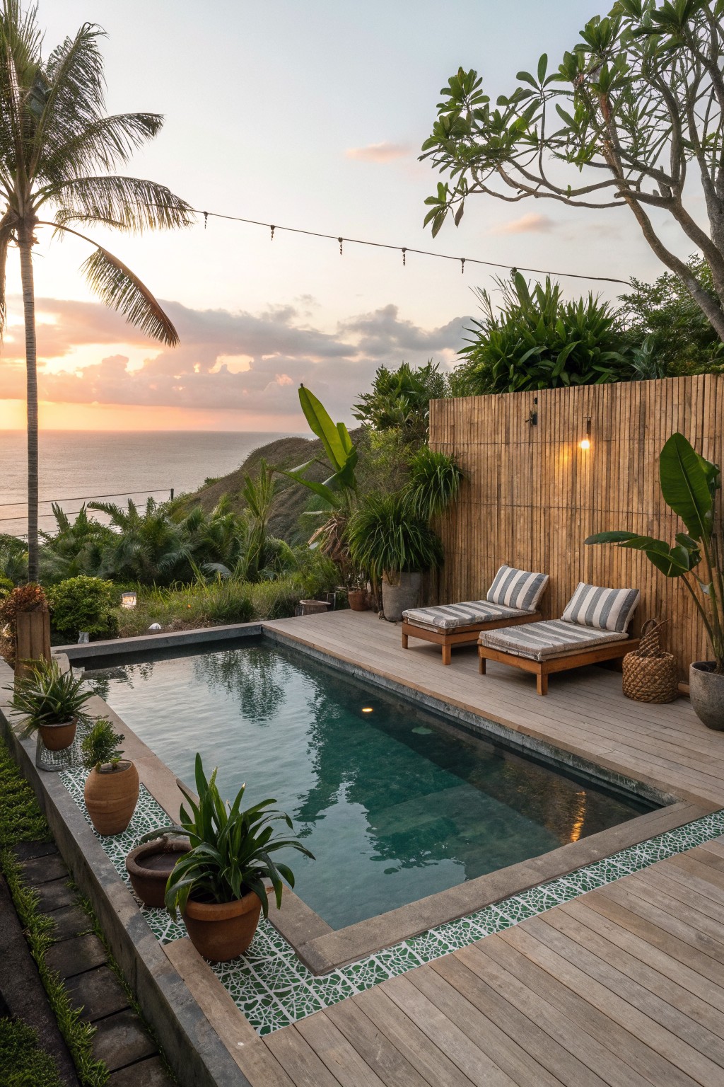A rectangular pool bordered by wooden decking with two striped lounge chairs positioned against a tall bamboo fence and several potted plants.