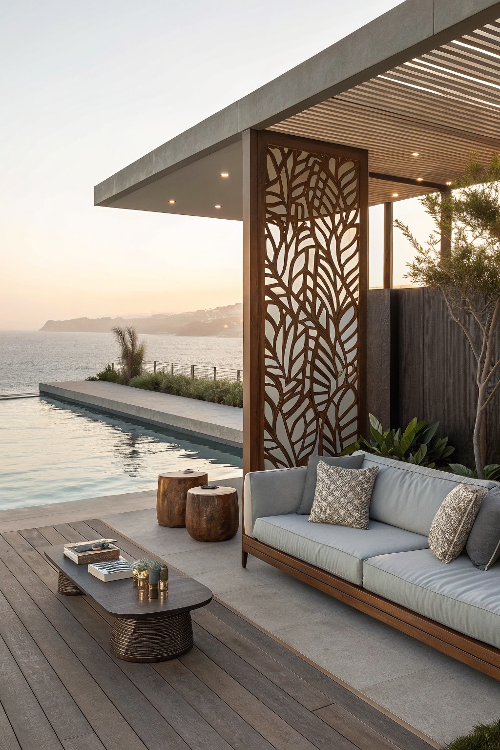 Modern poolside patio with a light gray sofa, dark wood coffee table, and a tall wooden privacy screen with leaf cutouts next to an infinity pool overlooking the ocean.