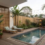 A rectangular pool bordered by wooden decking with two striped lounge chairs positioned against a tall bamboo fence and several potted plants.