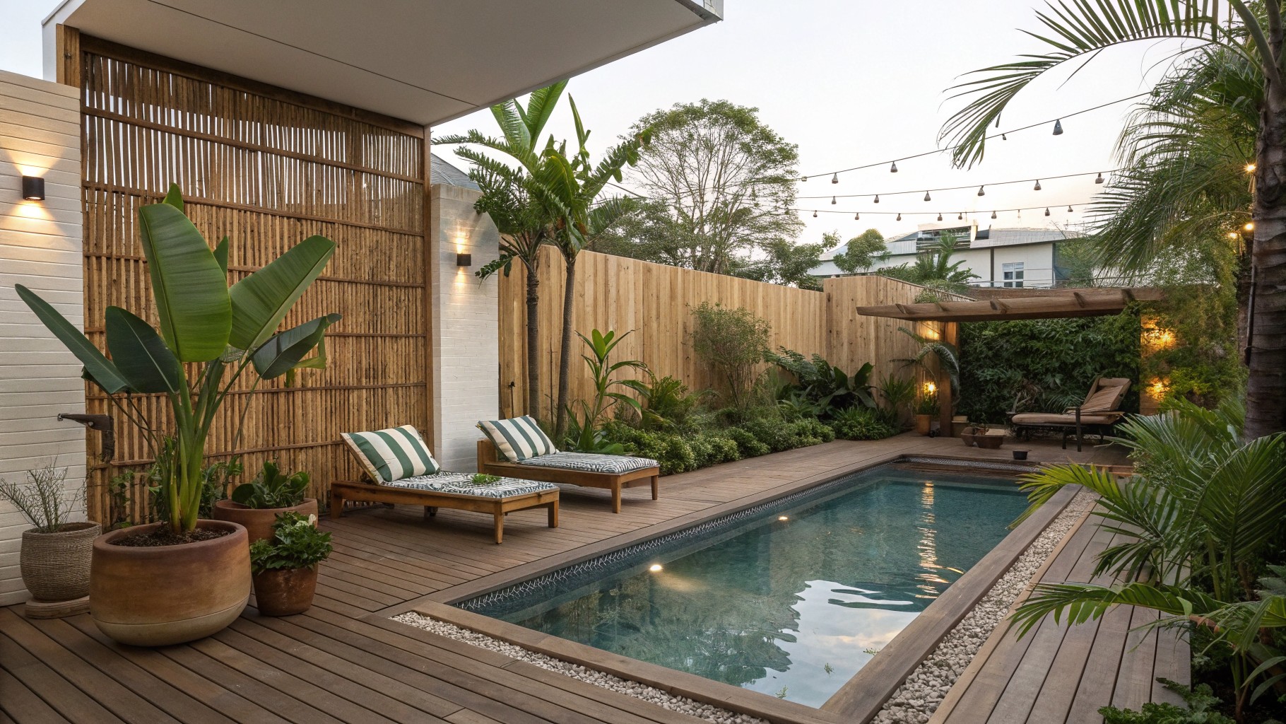 A rectangular pool bordered by wooden decking with two striped lounge chairs positioned against a tall bamboo fence and several potted plants.