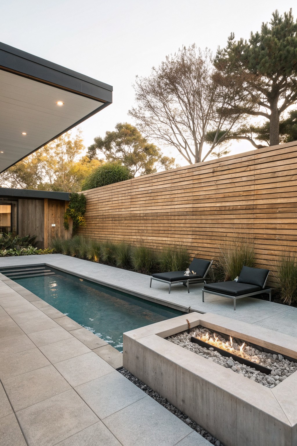 Modern backyard with rectangular pool, black lounge chairs, and concrete fire pit