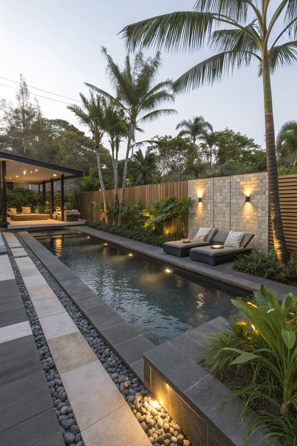 A narrow lap pool bordered by a mixed wood and stone privacy wall with built-in lighting and lounge chairs placed against it.