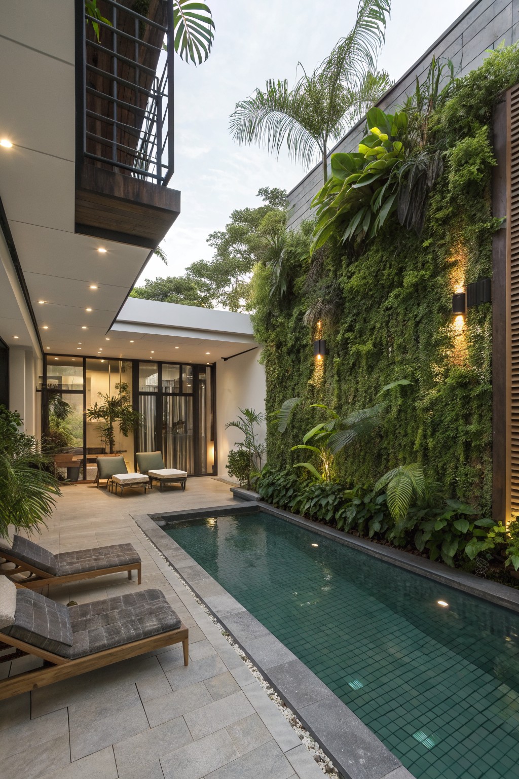 Modern courtyard with lap pool, lush vertical garden wall, and lounge chairs.