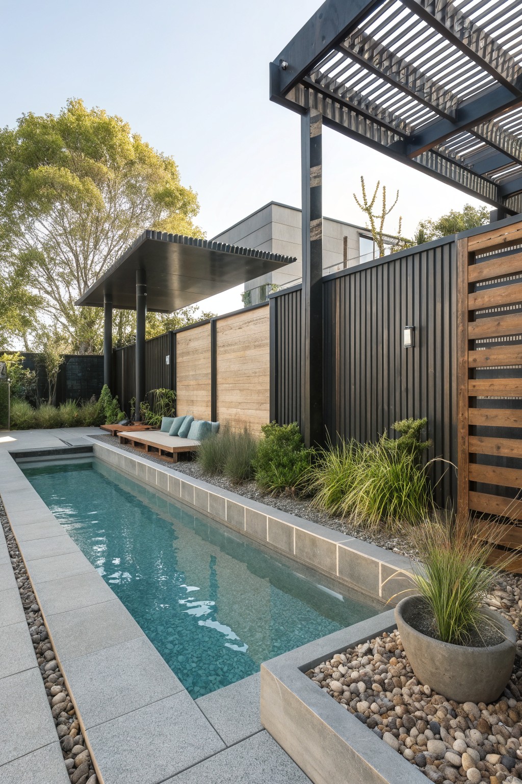 A long rectangular pool bordered by tall fencing that combines dark vertical slats and light wood panels, with a black pergola overhead and gravel plantings along the edge.