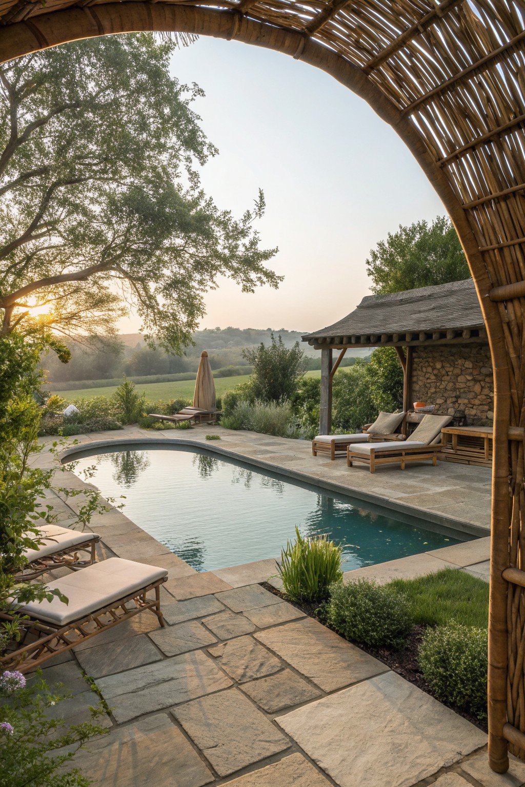 A swimming pool with stone decking, lounge chairs, and a large woven bamboo arch framing the view from one side.