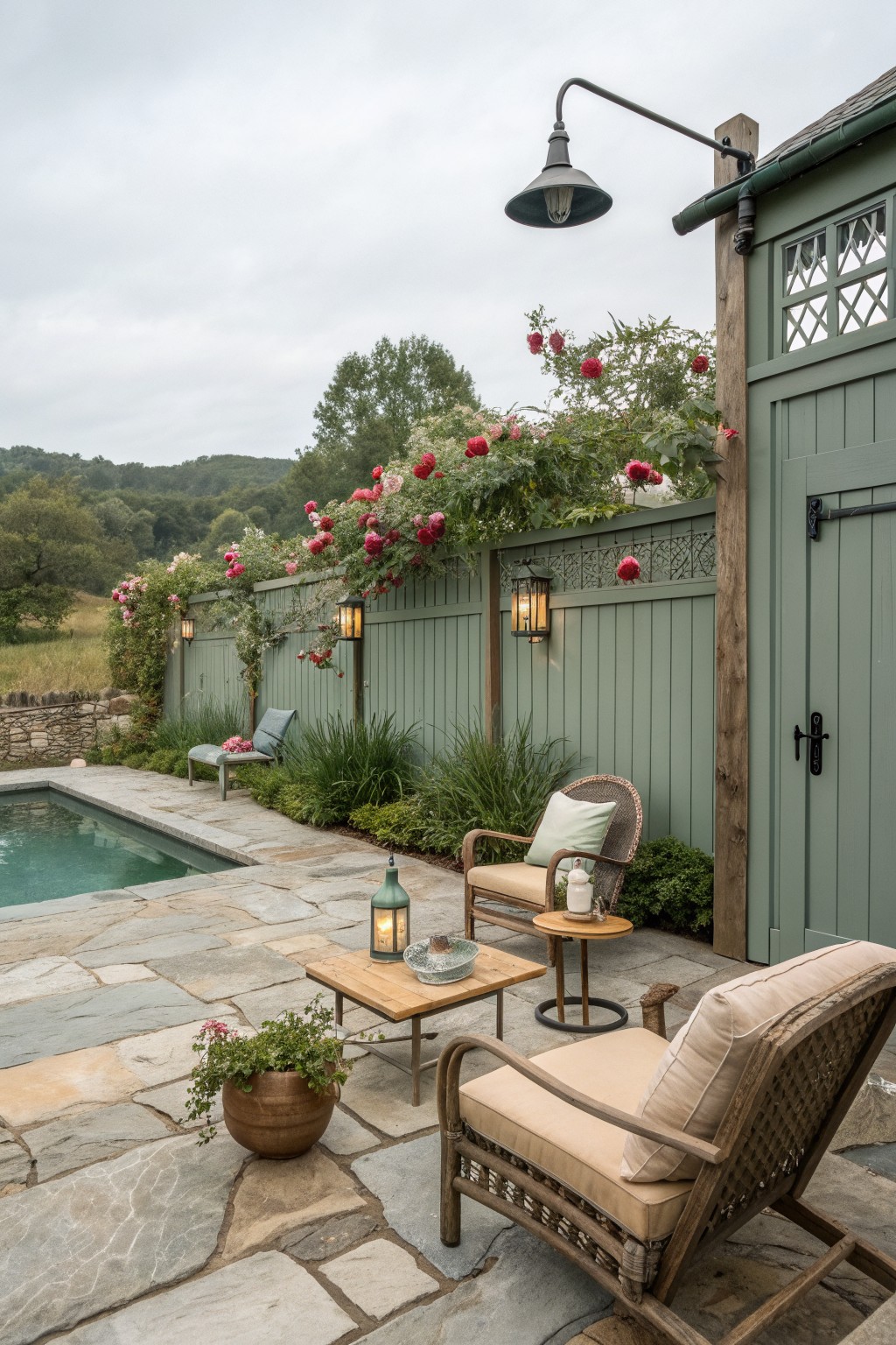 A poolside stone patio bordered by a sage green wooden fence covered in pink climbing roses, with lit lanterns attached and outdoor seating nearby.