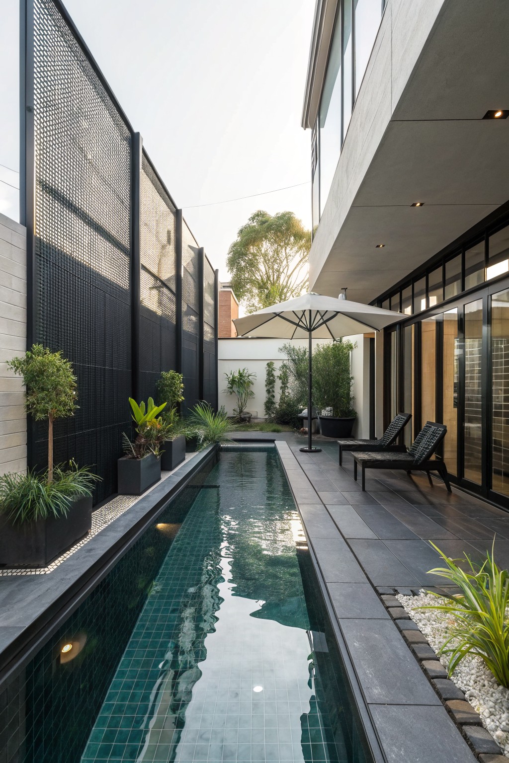 A narrow rectangular pool runs alongside a tall black perforated metal privacy screen, with two lounge chairs and an umbrella on the paved deck to the right.