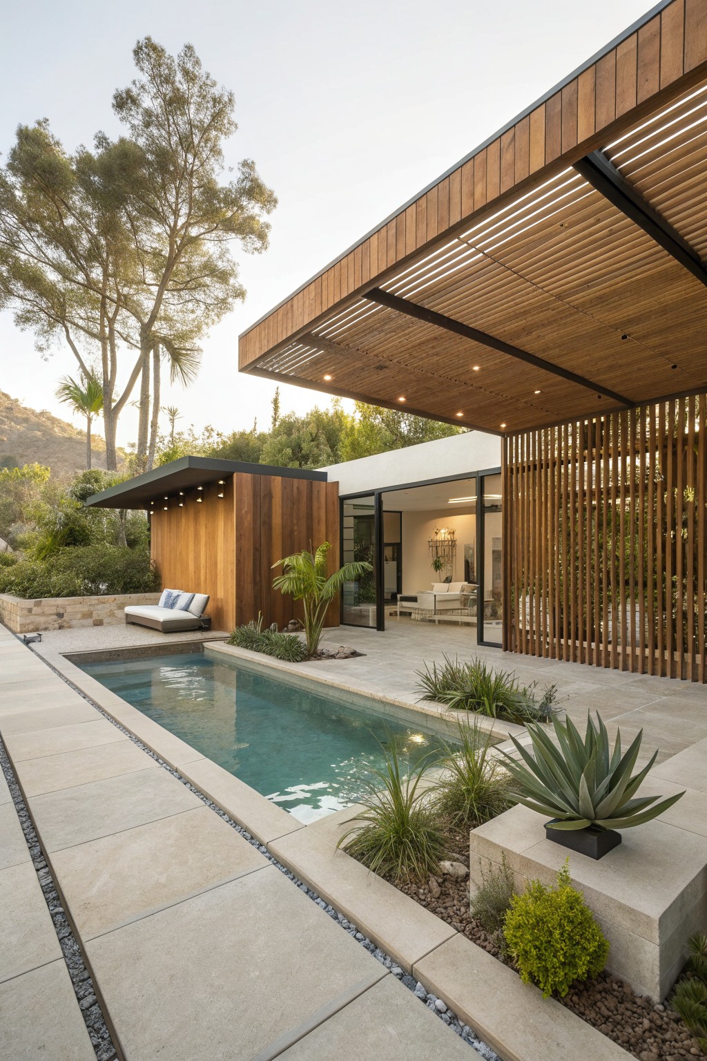 Modern home with a long swimming pool, vertical wood slat privacy screen along one side, and stone patio with plants.
