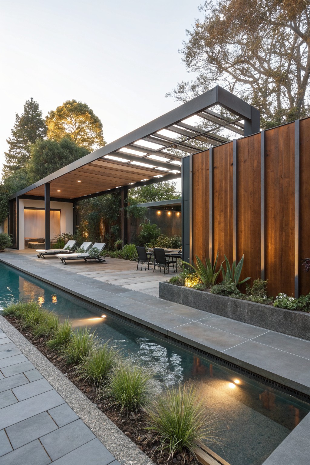 Modern backyard with lap pool, lounge chairs under wooden pergola, and dining area at dusk