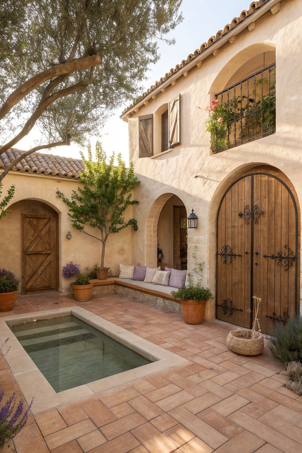 A rectangular pool in a paved courtyard enclosed by beige stucco walls, wooden arched doors, and potted plants.