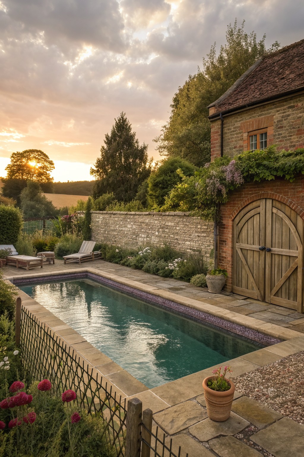 Tranquil rectangular pool in lush garden beside brick building at sunset