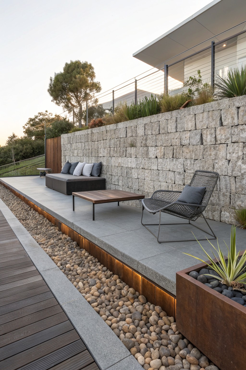 Outdoor patio with gray stone wall, built-in bench seating, wooden coffee table, and black wire lounge chair on concrete.