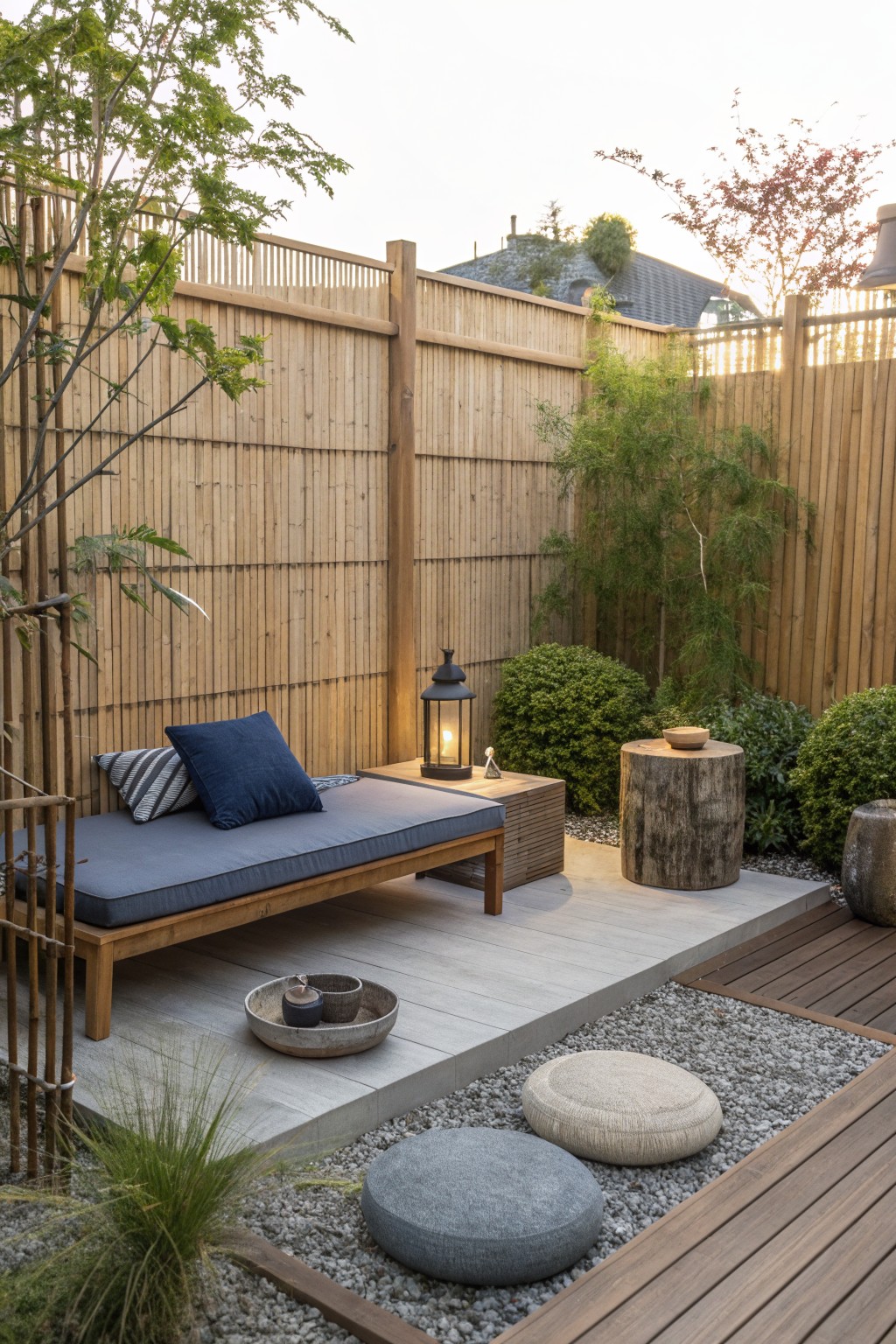 Wooden deck seating area with a daybed, cushions, lantern, and floor cushions on gravel, enclosed by a tall wooden fence.