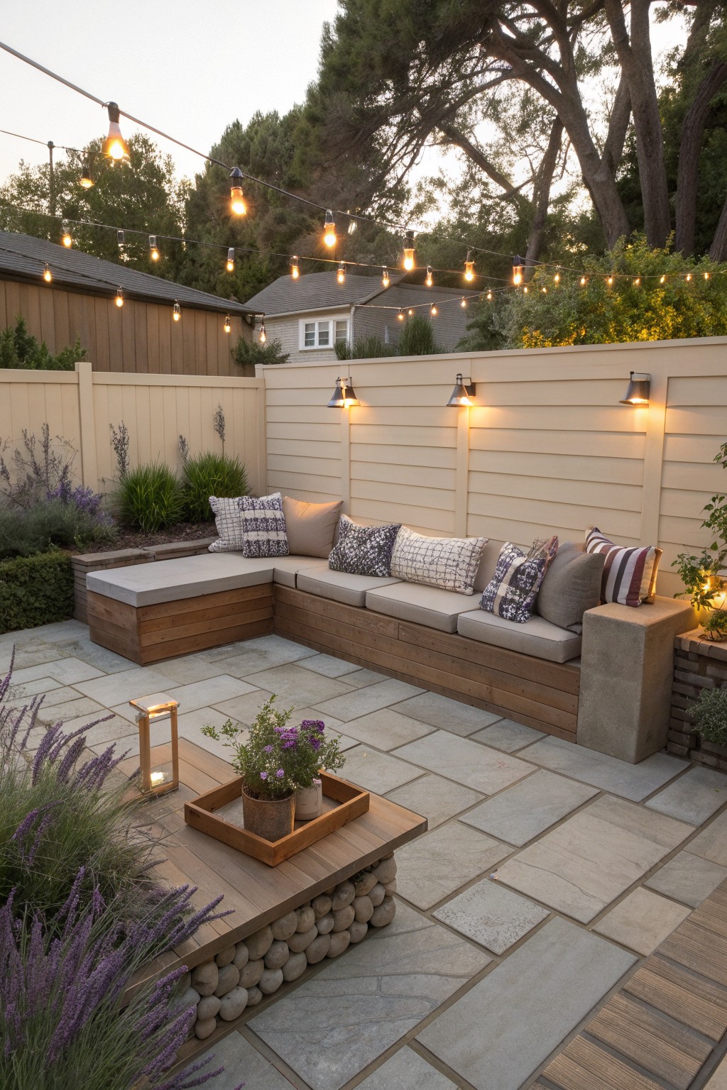 An L-shaped wooden bench with gray cushions and pillows lines a tall beige fence on a stone patio, with string lights and wall sconces providing evening light.