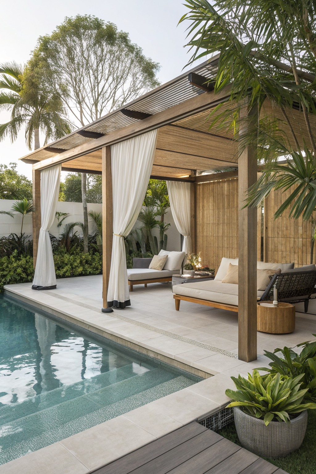 A wooden pergola with white curtains around lounge seating next to a swimming pool.