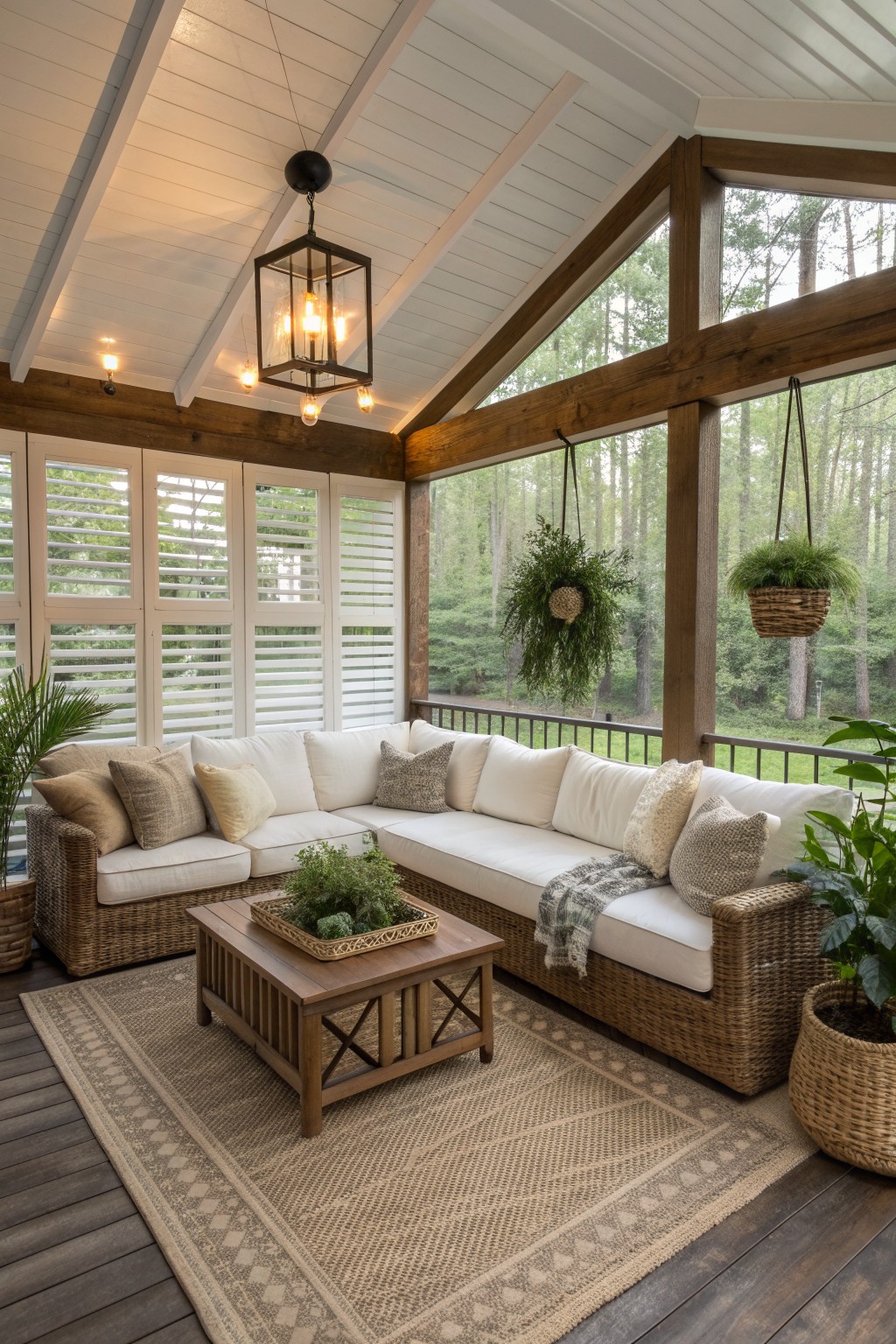 Cozy rustic porch with wicker sofa, wooden coffee table, hanging plants, and forest view