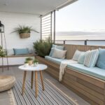 A balcony with a built-in wooden bench, blue cushions, a woven pendant light, a round side table, a striped rug, and potted plants set against vertical wood paneling and slatted screens.