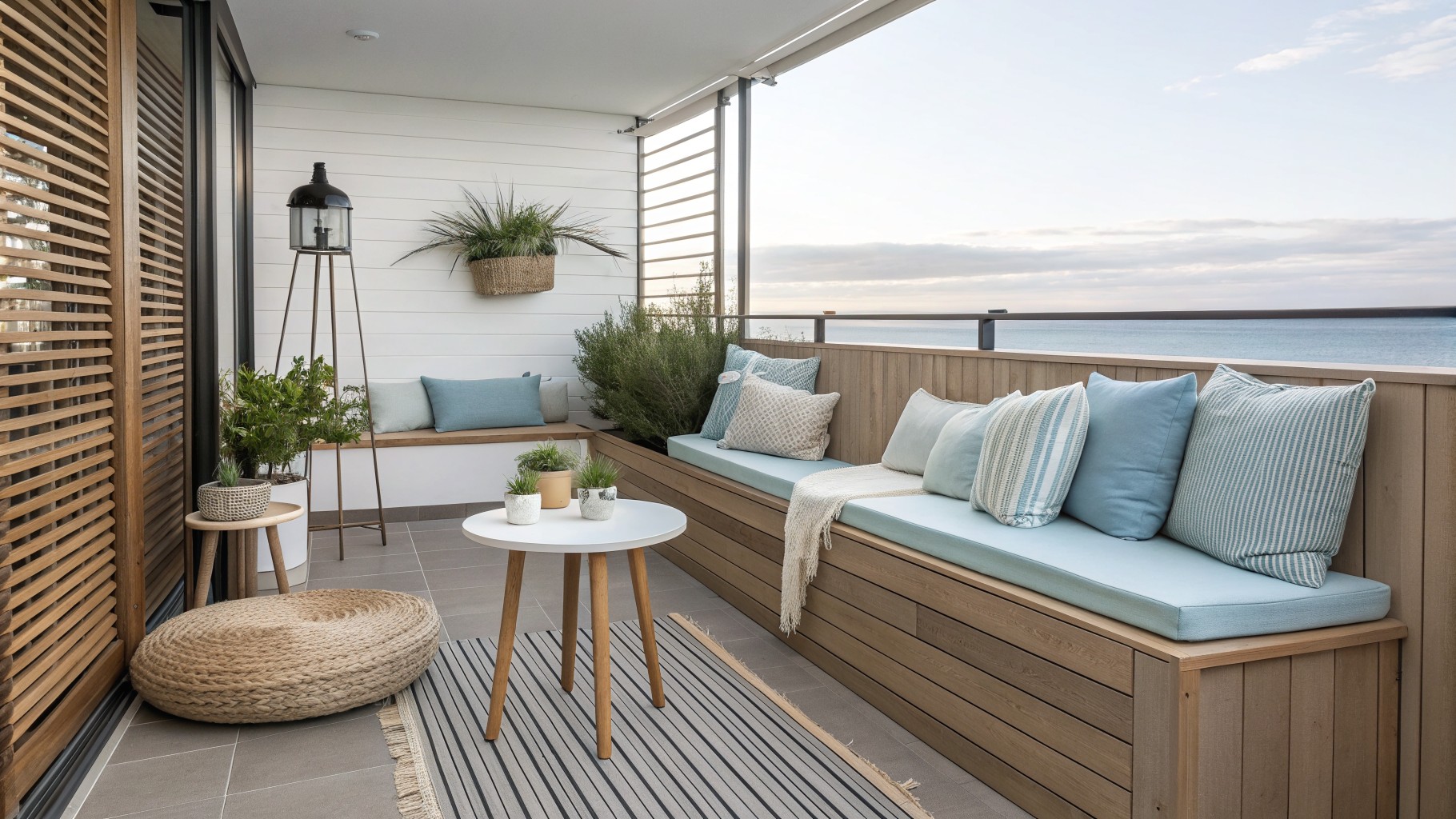 A balcony with a built-in wooden bench, blue cushions, a woven pendant light, a round side table, a striped rug, and potted plants set against vertical wood paneling and slatted screens.