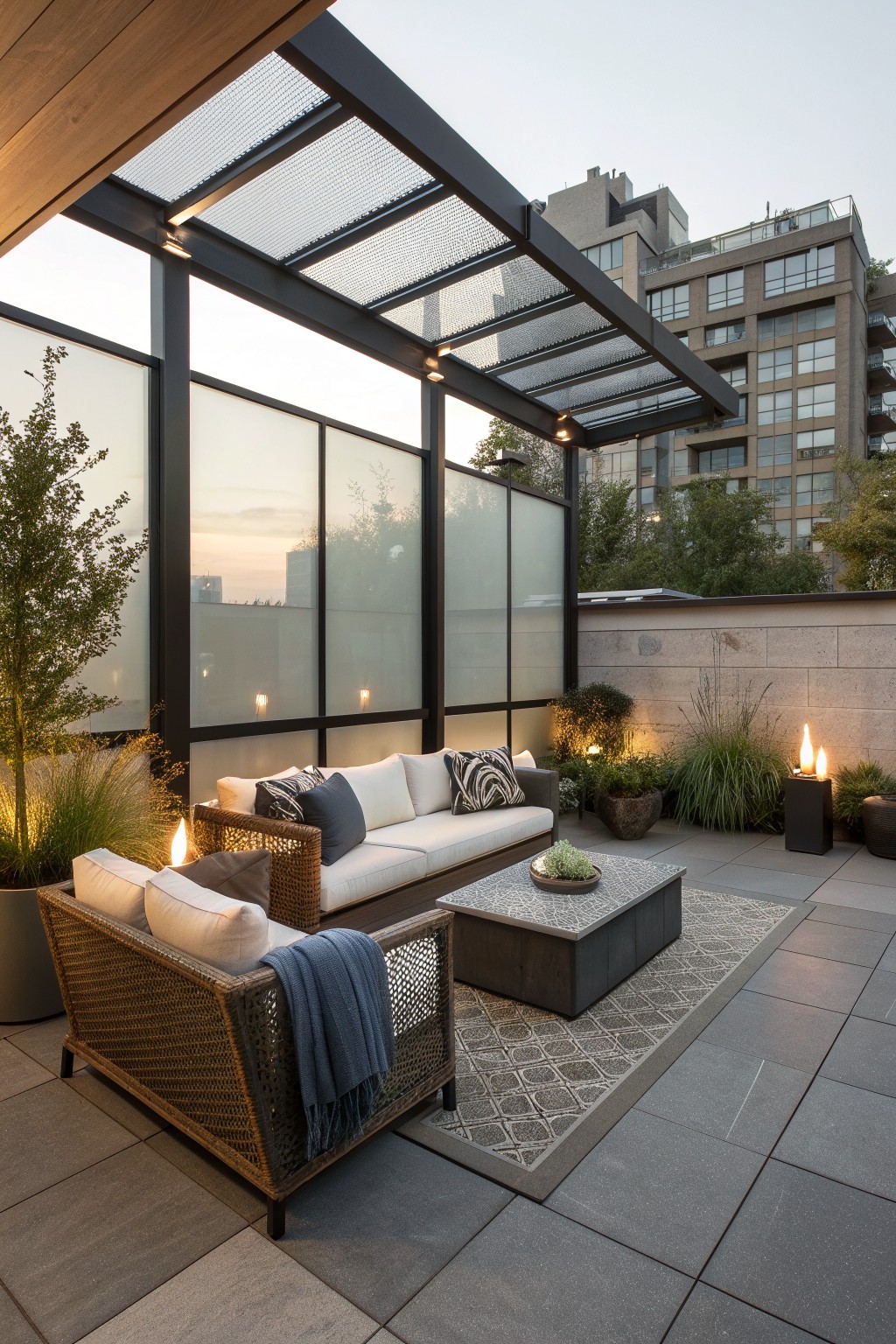 Modern patio with wicker armchair, sofa, coffee table on rug under glass pergola at dusk