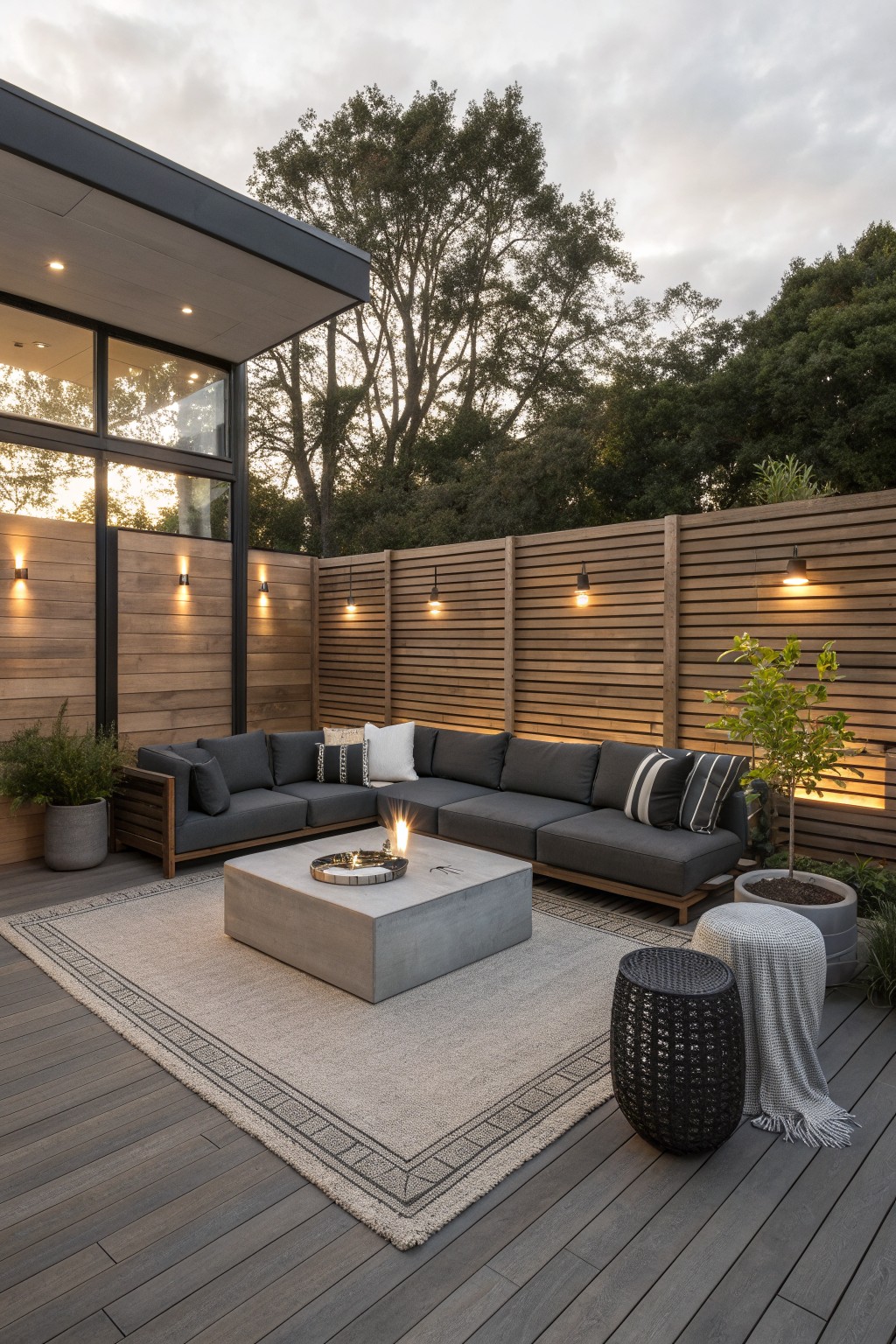 An outdoor deck with a large L-shaped gray sectional sofa, concrete fire pit table, and area rug, surrounded by horizontal wooden slat privacy screens next to a modern house.