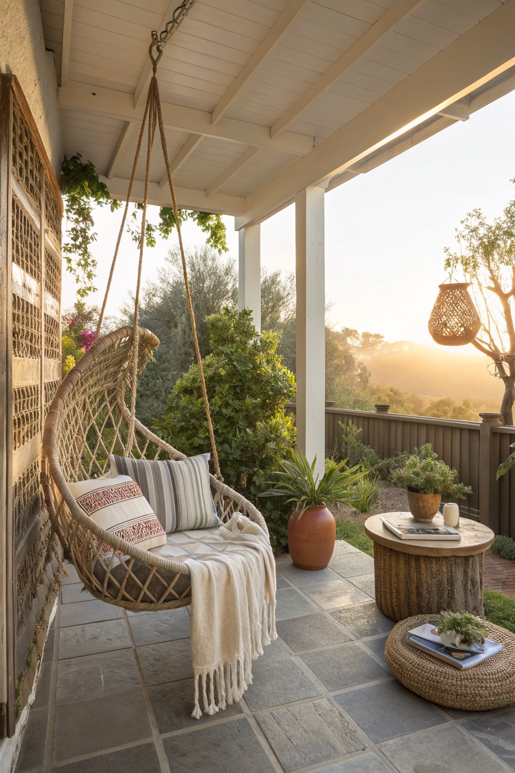 A hanging woven chair with striped cushions and a throw blanket is positioned on a stone porch beside a lattice wall, with a round wooden table, potted plants, and a landscape view in the background.