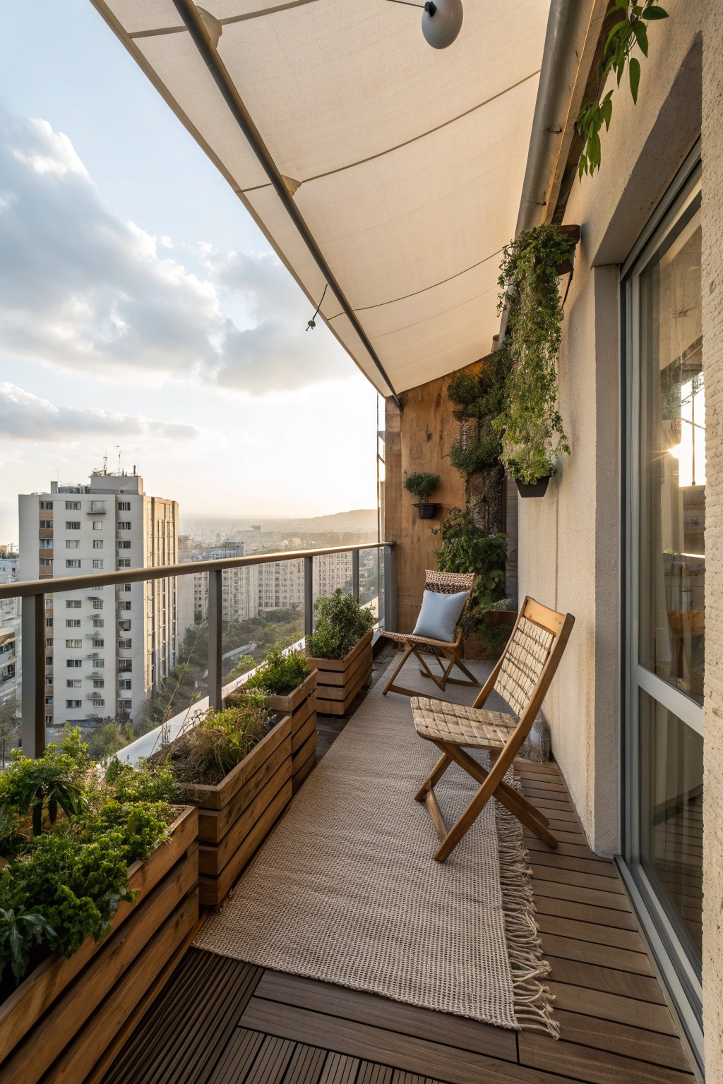 Balcony with wooden chairs, planters, jute rug, awning, and city skyline at sunset