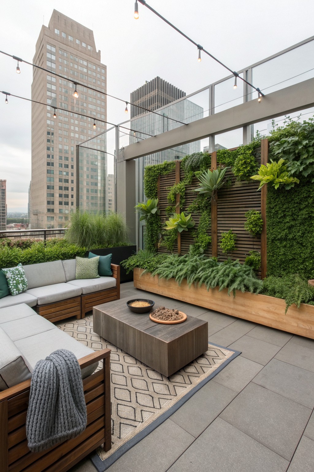 Rooftop patio with gray sectional sofa, wood coffee table on patterned rug, and tall living wall of green plants on wood slats serving as a privacy screen.