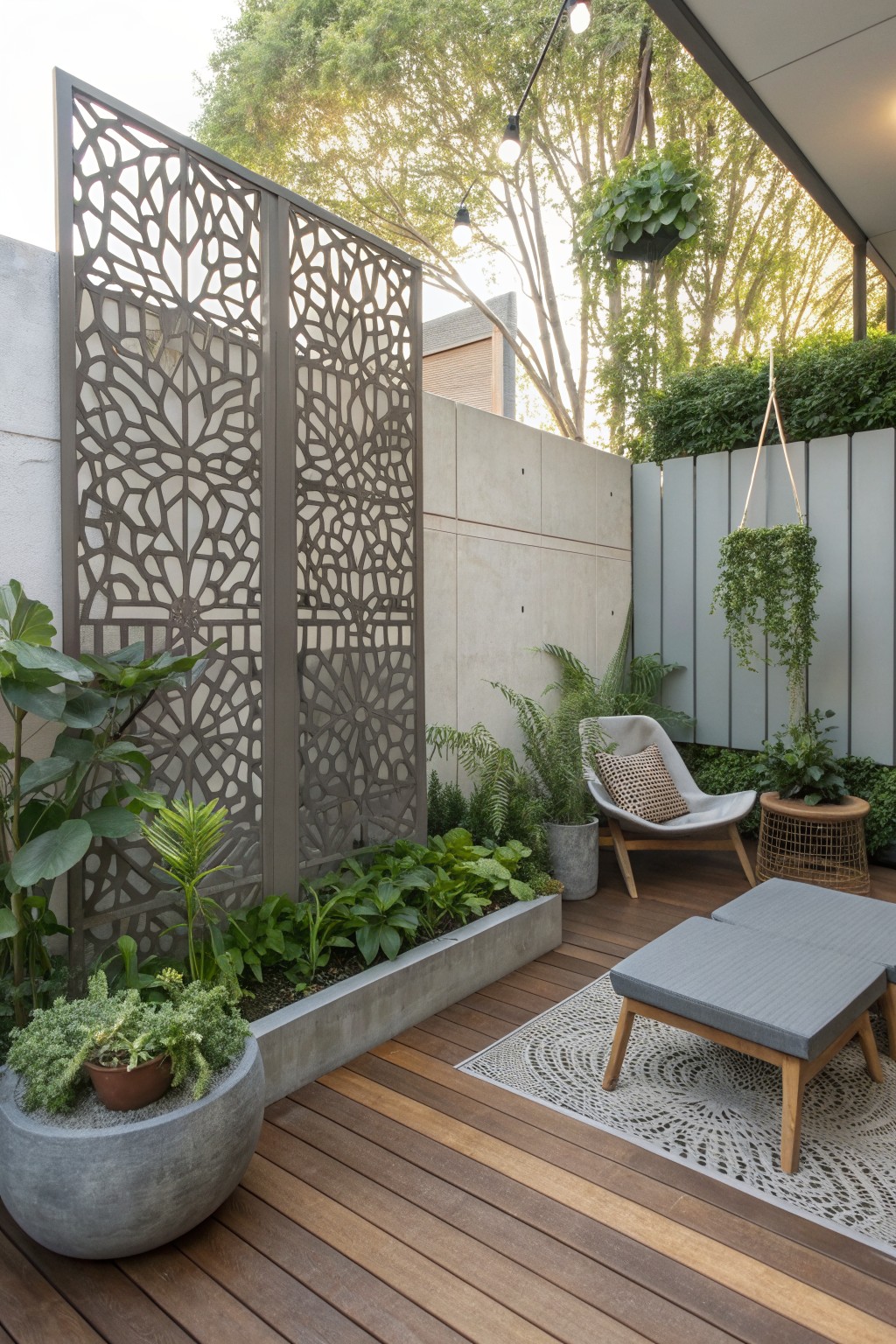 Modern wooden deck with ornate metal screens, lounge chair, and lush potted plants