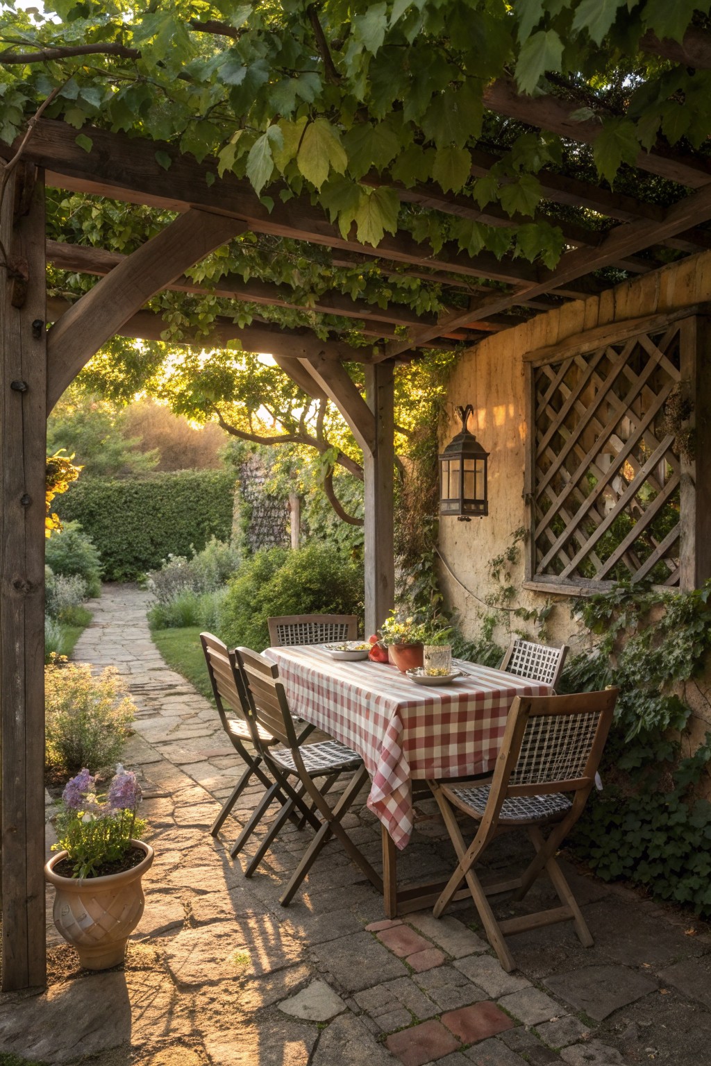 A wooden dining table with a red and white checkered cloth sits under a vine-covered pergola beside a stone wall with lattice panels.