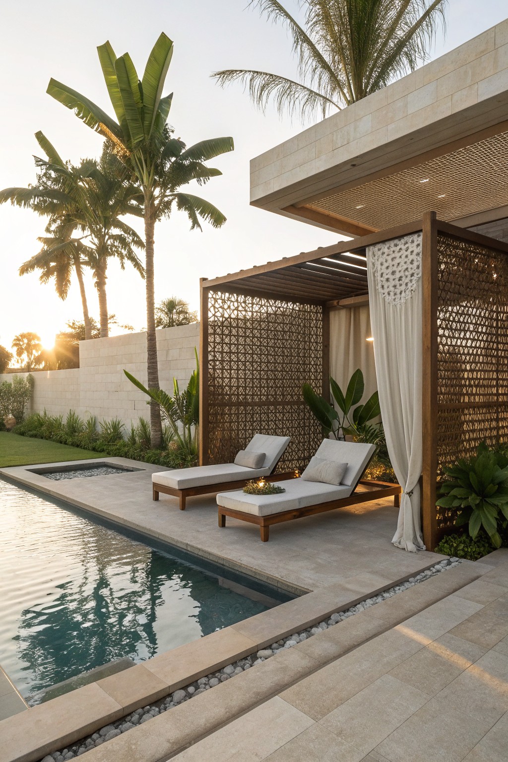 Two lounge chairs sit on a concrete deck beside a pool, sheltered by wooden lattice privacy screens and a white curtain.