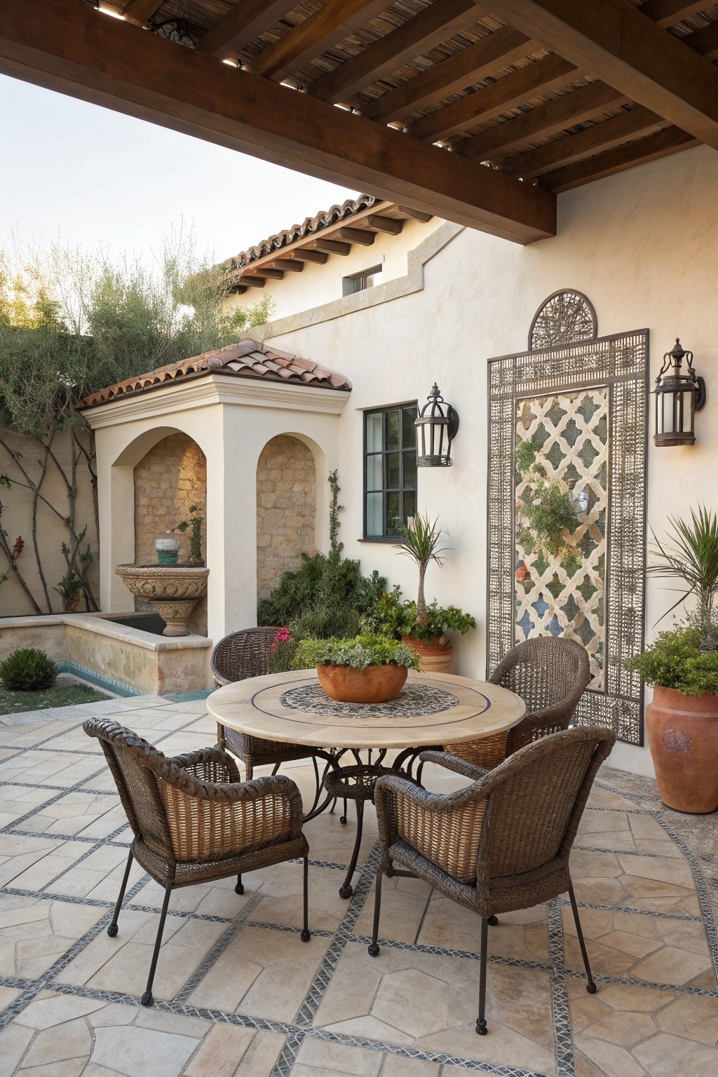 An outdoor patio with wicker chairs around a round table, a decorative metal privacy screen on the wall, and potted plants under a wooden pergola.