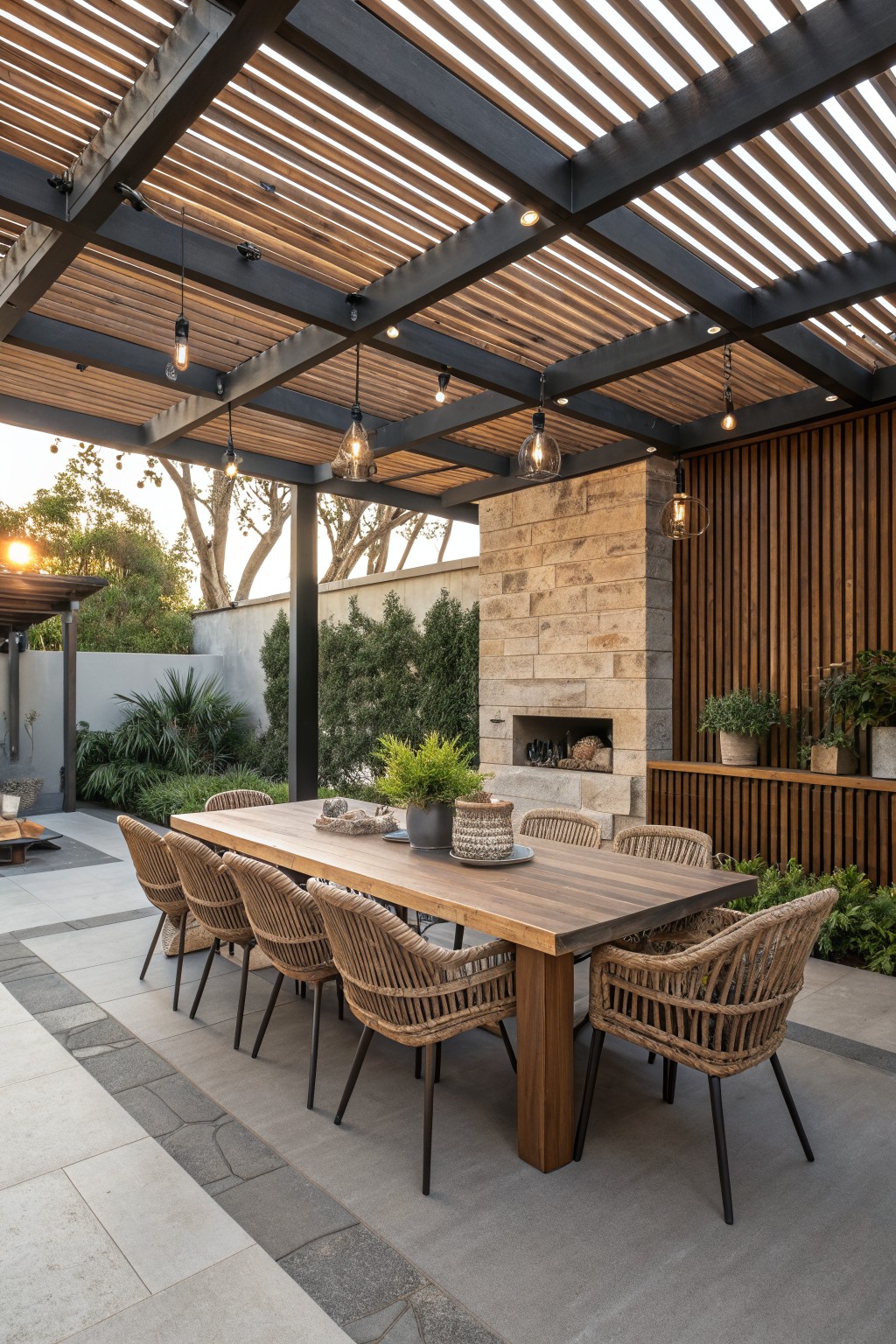 Outdoor patio dining area with a long wooden table, woven chairs, stone fireplace, and tall vertical wood slat screen under a pergola.