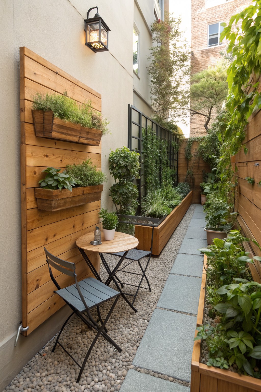 Narrow patio with wooden wall planters, round table, chairs, and stone path.