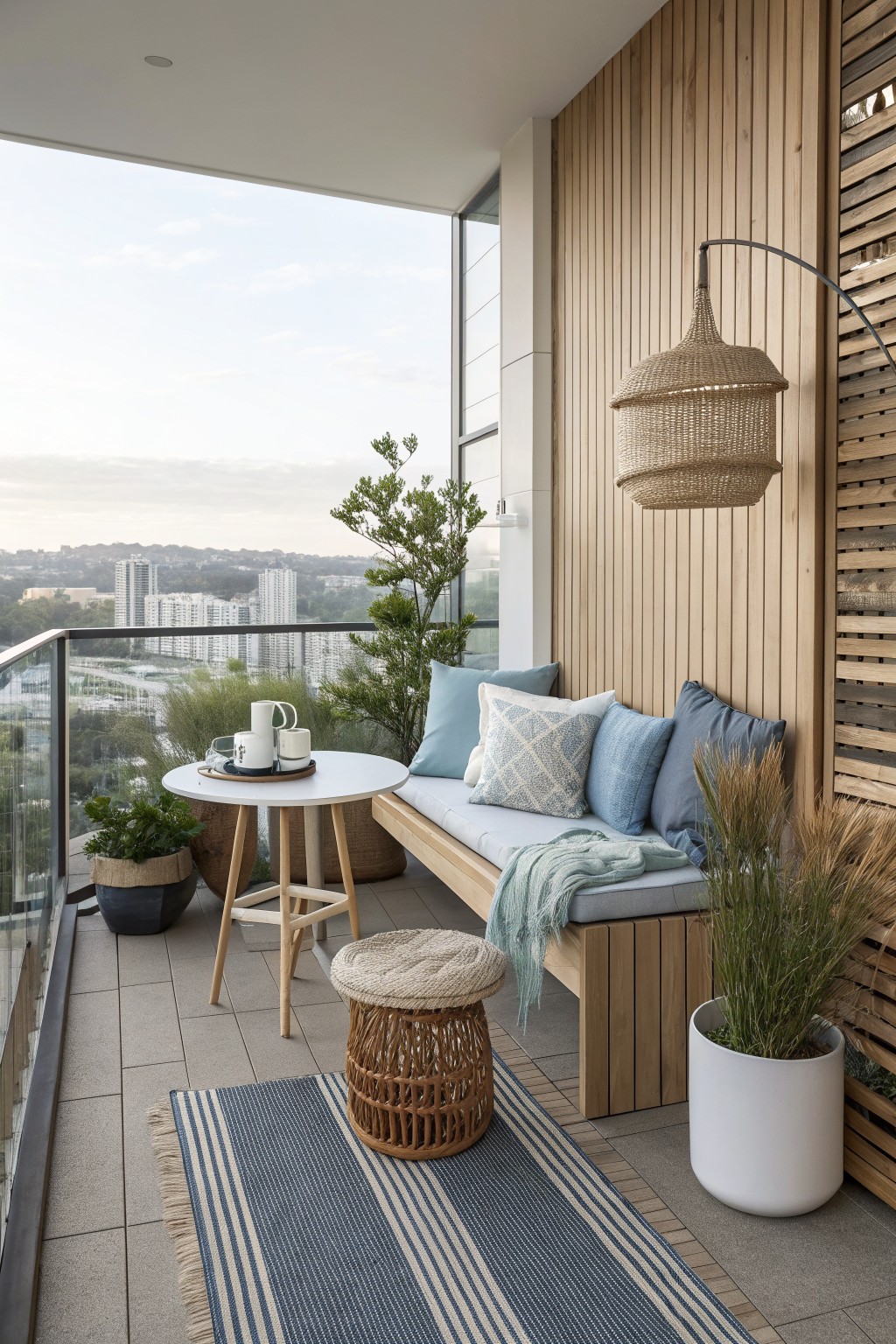 A balcony with a built-in wooden bench, blue cushions, a woven pendant light, a round side table, a striped rug, and potted plants set against vertical wood paneling and slatted screens.