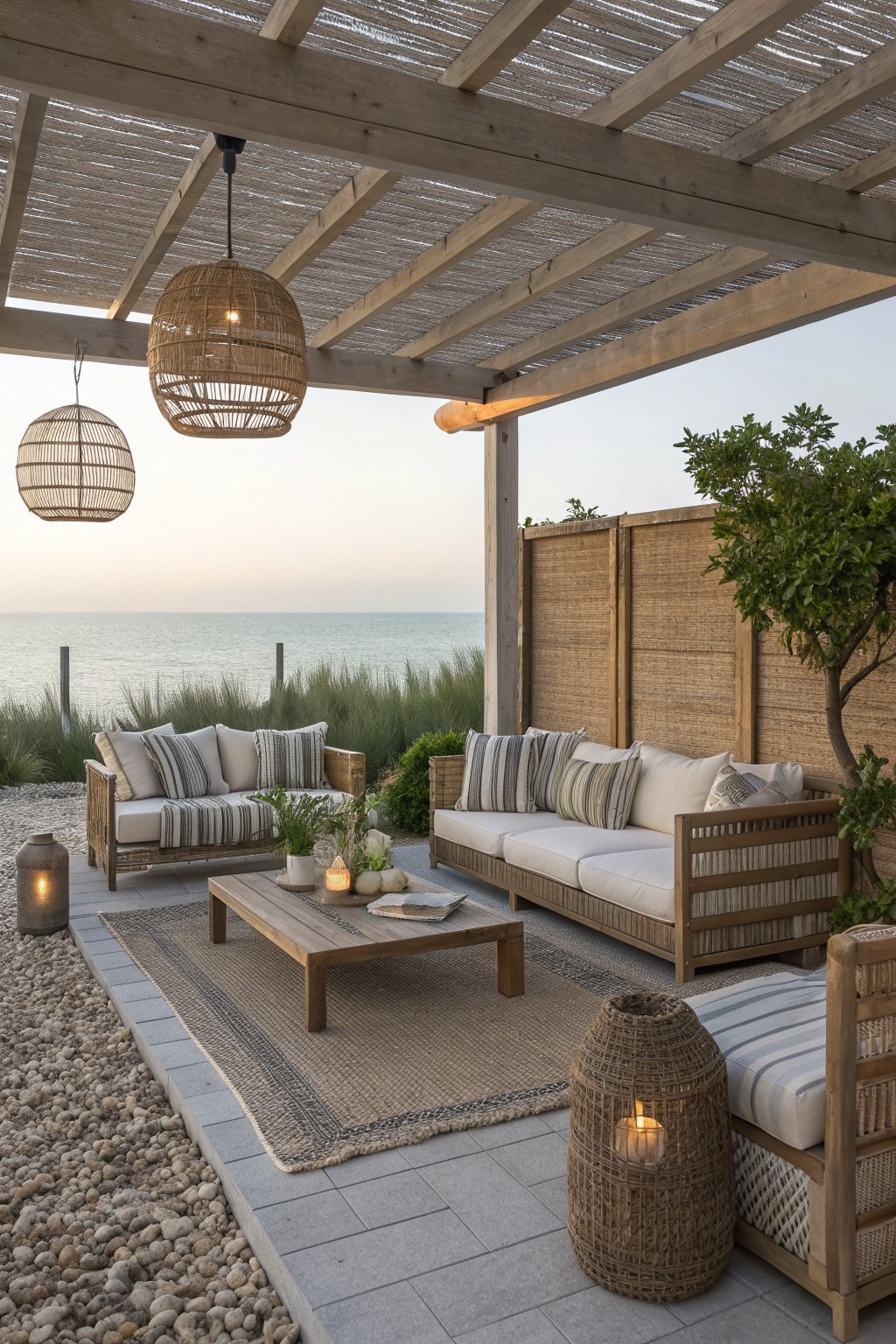 Outdoor patio seating area with wooden sofas, coffee table, woven rug, hanging lights, and woven reed privacy screens beside the ocean.