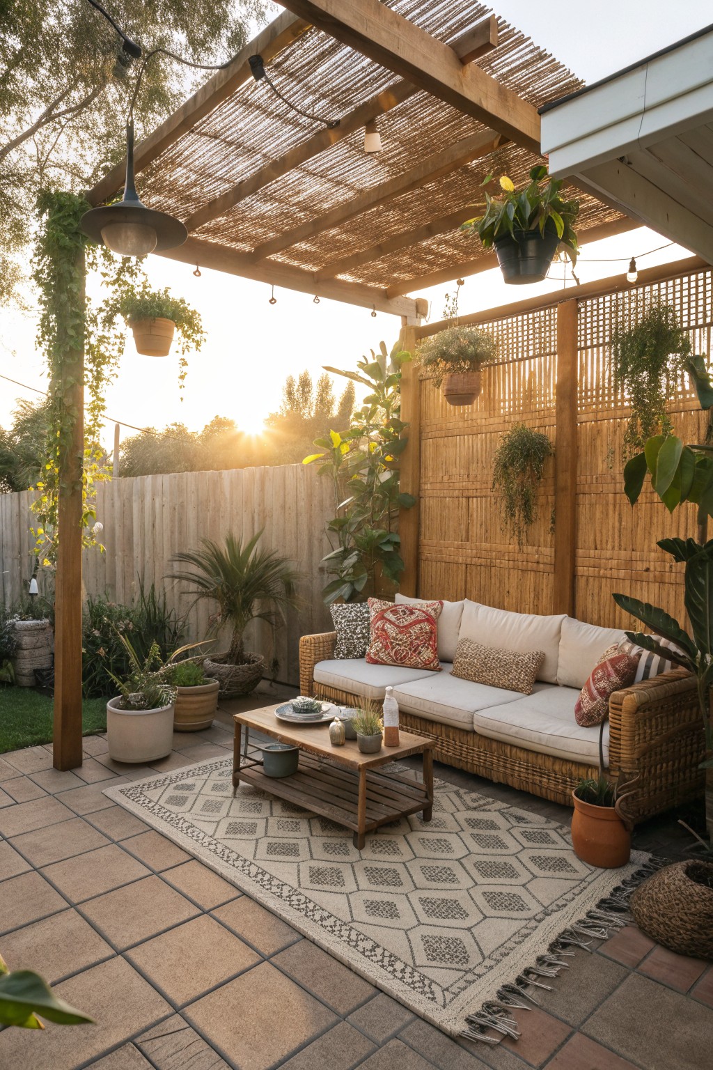 An outdoor patio with a wicker sofa, wooden coffee table, and patterned rug under a pergola covered in reed screening, enclosed by tall bamboo fencing and potted plants.