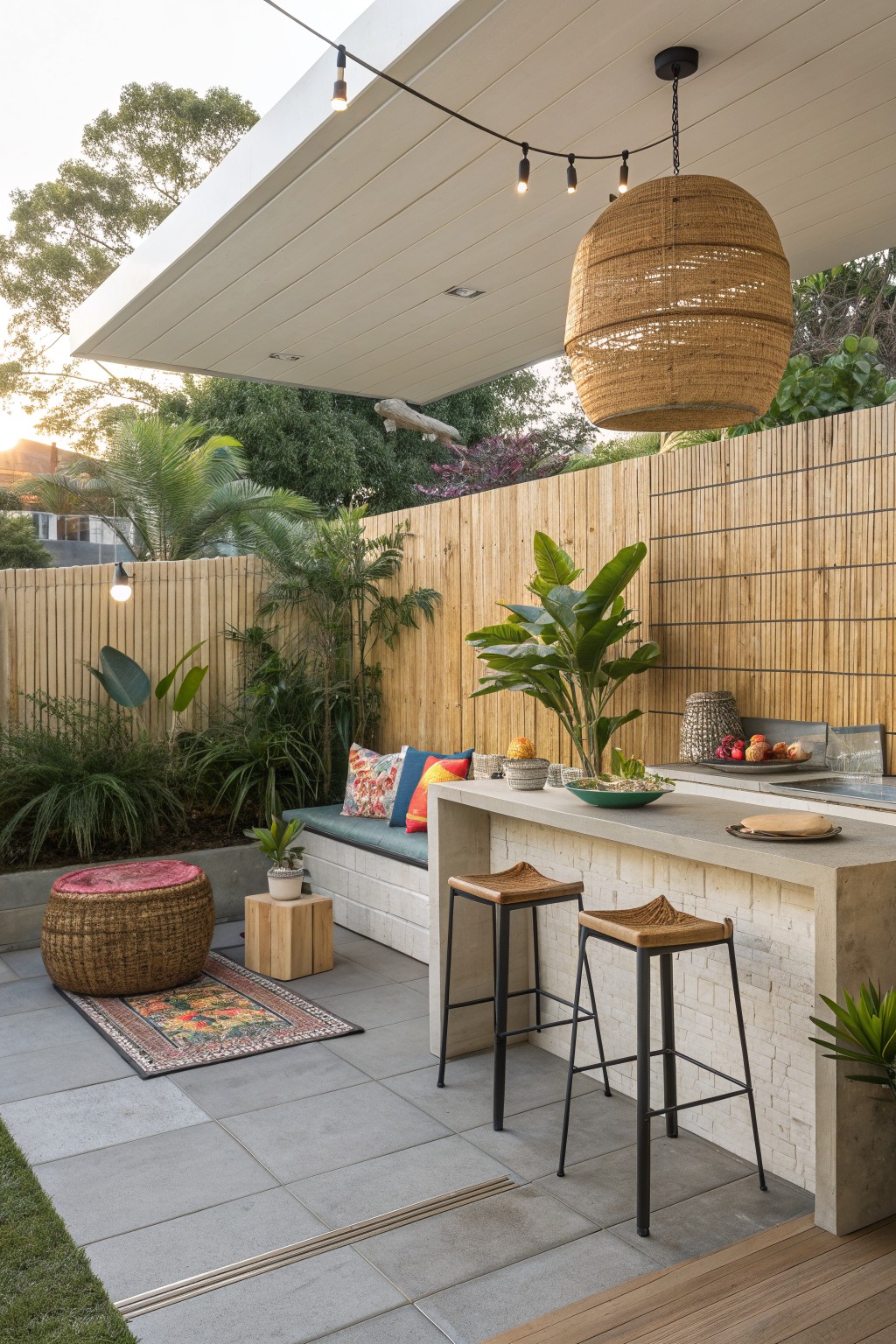 Outdoor patio with concrete bar counter, two stools, and tall vertical bamboo fencing along the back wall.