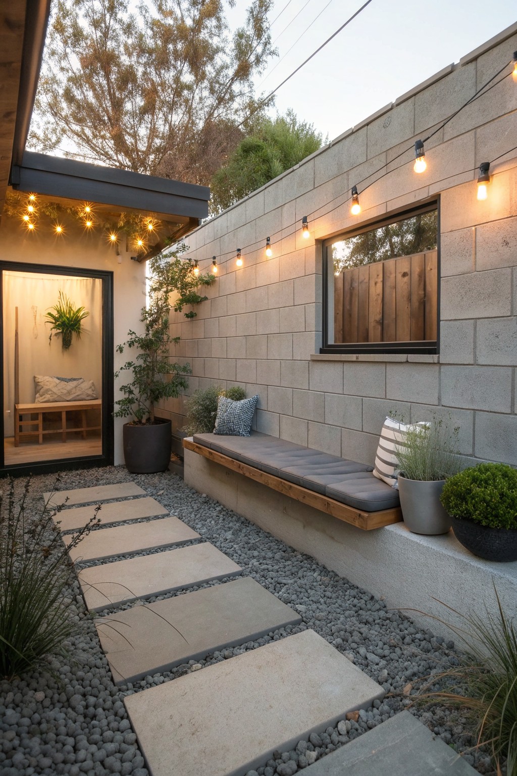 A backyard scene with a gray concrete block wall, built-in bench, string lights, potted plants, and a stone paver path on gravel.