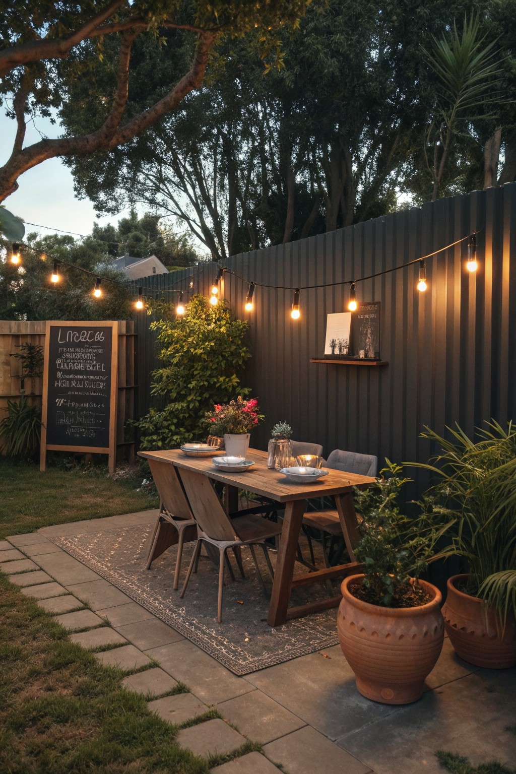 An outdoor patio dining area with a wooden table and chairs set on a rug, string lights overhead, potted plants, and a dark corrugated metal fence in the background.