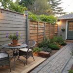 A narrow gravel and concrete paver path runs beside a tall wooden privacy fence with horizontal boards, flanked by potted plants and a small seating area.