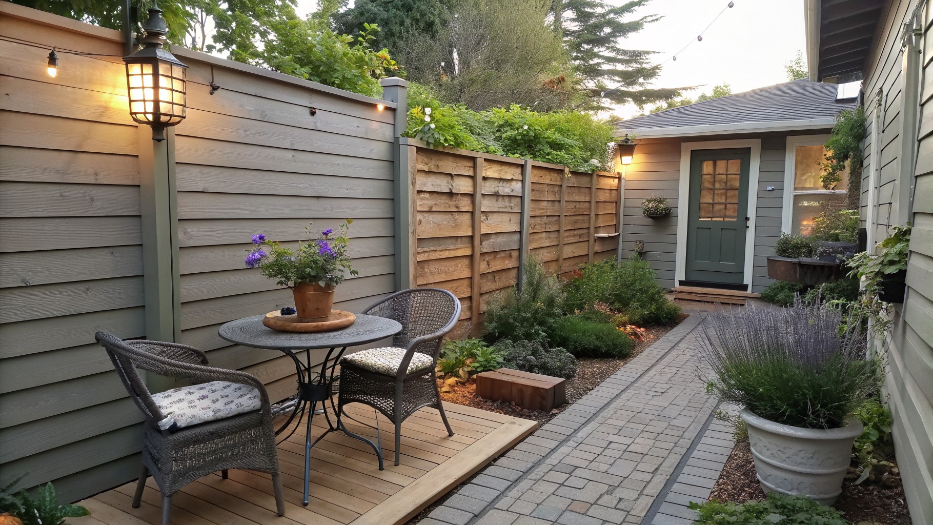 A narrow gravel and concrete paver path runs beside a tall wooden privacy fence with horizontal boards, flanked by potted plants and a small seating area.