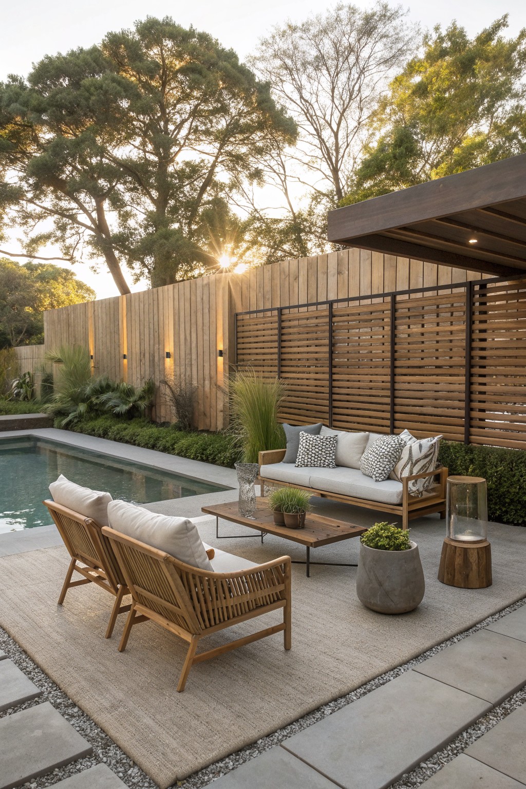 An outdoor patio beside a pool with wooden seating, a coffee table, and a privacy fence combining vertical wood planks and horizontal slats.