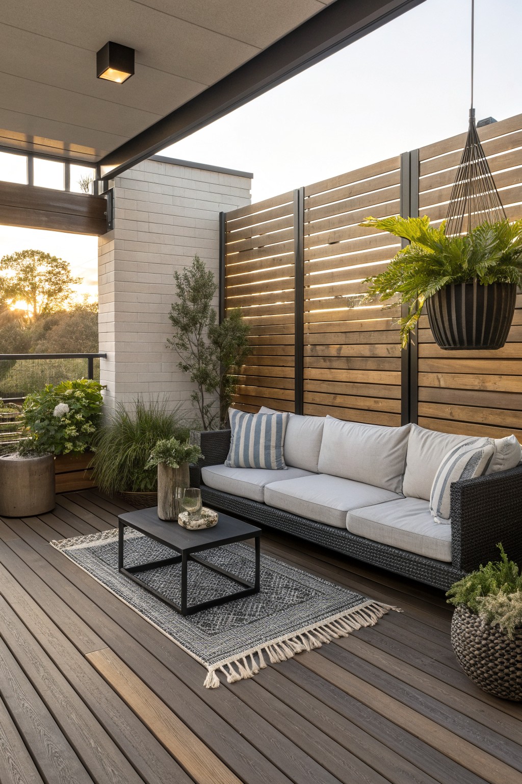 An outdoor deck features a dark woven sofa with light cushions facing a horizontal wood slat privacy fence, a black coffee table on a patterned rug, potted plants, and a hanging basket.