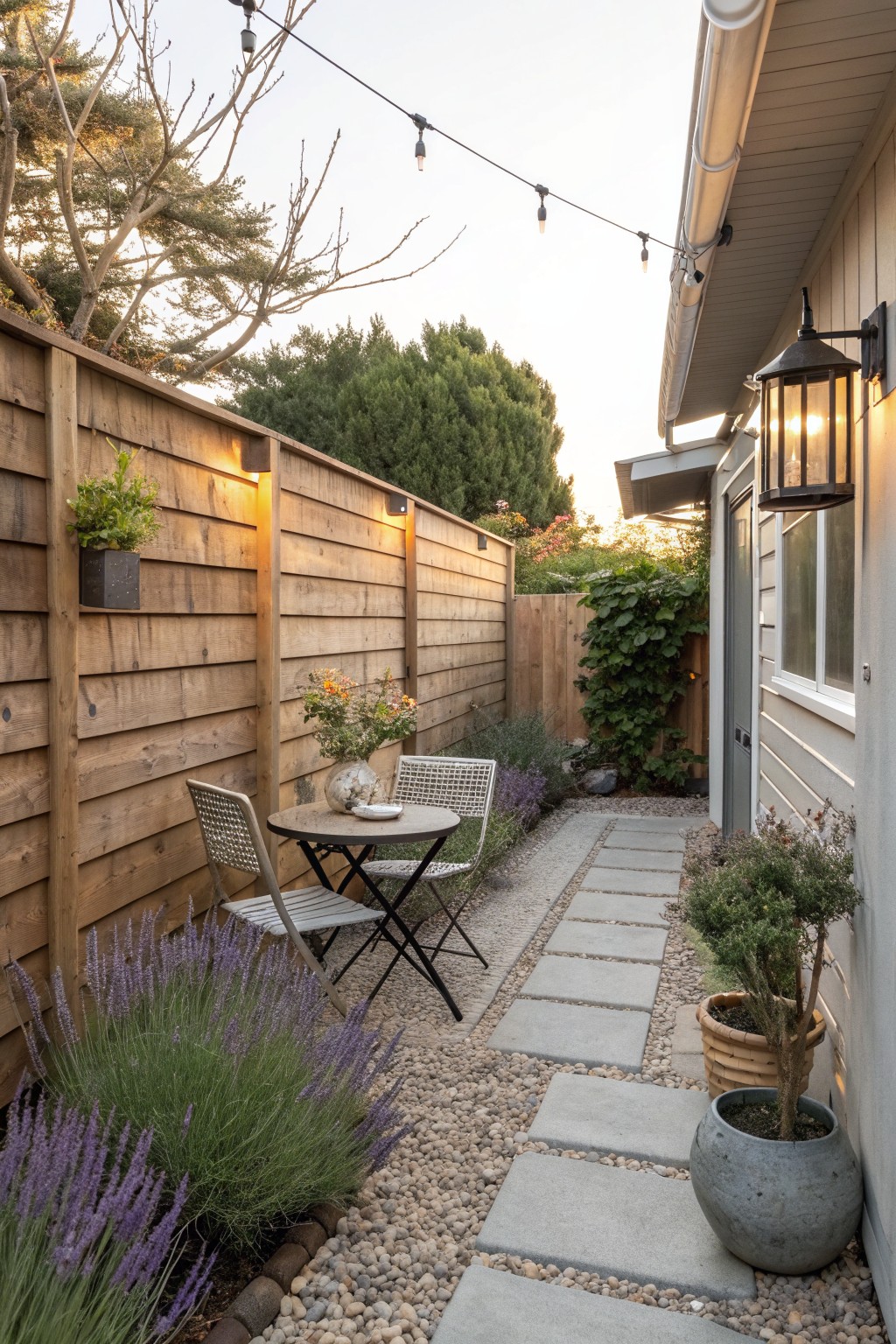 A narrow gravel and concrete paver path runs beside a tall wooden privacy fence with horizontal boards, flanked by potted plants and a small seating area.