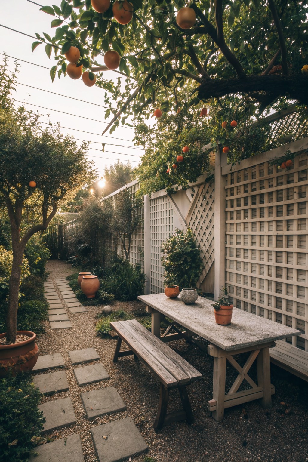 A garden patio with a weathered wooden table and benches next to a white lattice fence partially covered in vines, with a stone path, potted plants, and fruit trees nearby.