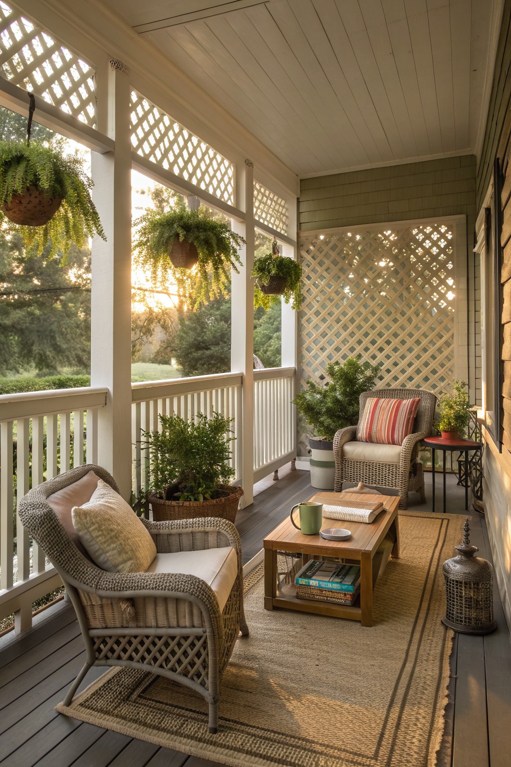 Cozy porch with wicker armchairs, wooden table, hanging ferns, and jute rug.