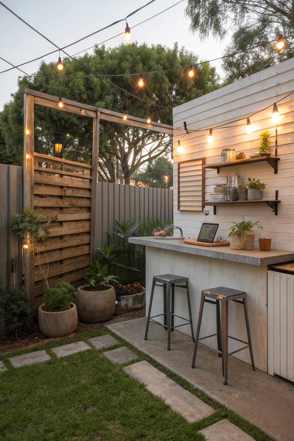 Outdoor bar counter with two metal stools, string lights overhead, wooden slat fence on the left, and gray metal fencing on the right.
