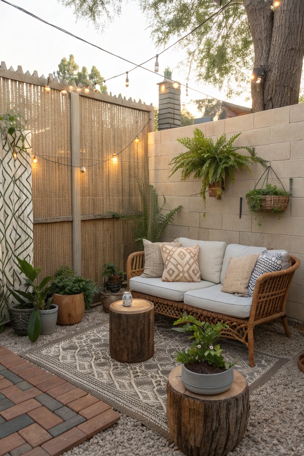 A backyard patio features a tall woven reed privacy fence on the left, a rattan sofa with cushions, tree stump tables, potted plants, and string lights overhead.