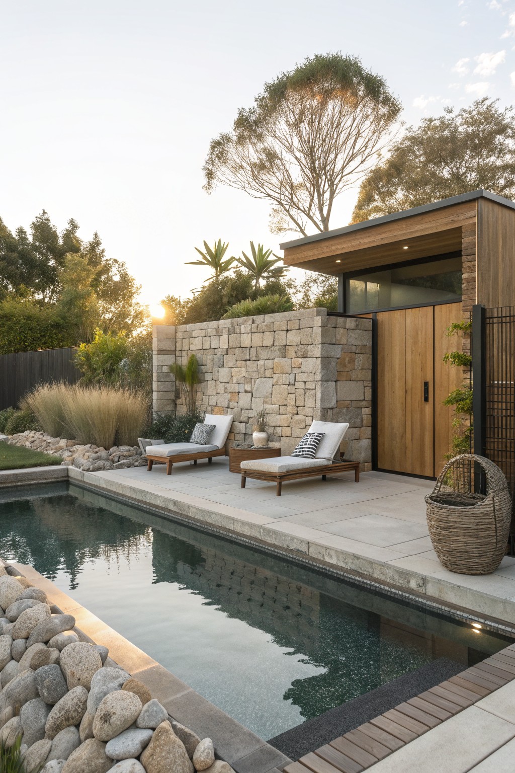 A backyard pool deck with two lounge chairs, a tall stacked stone wall, and a modern wooden structure beside the water.